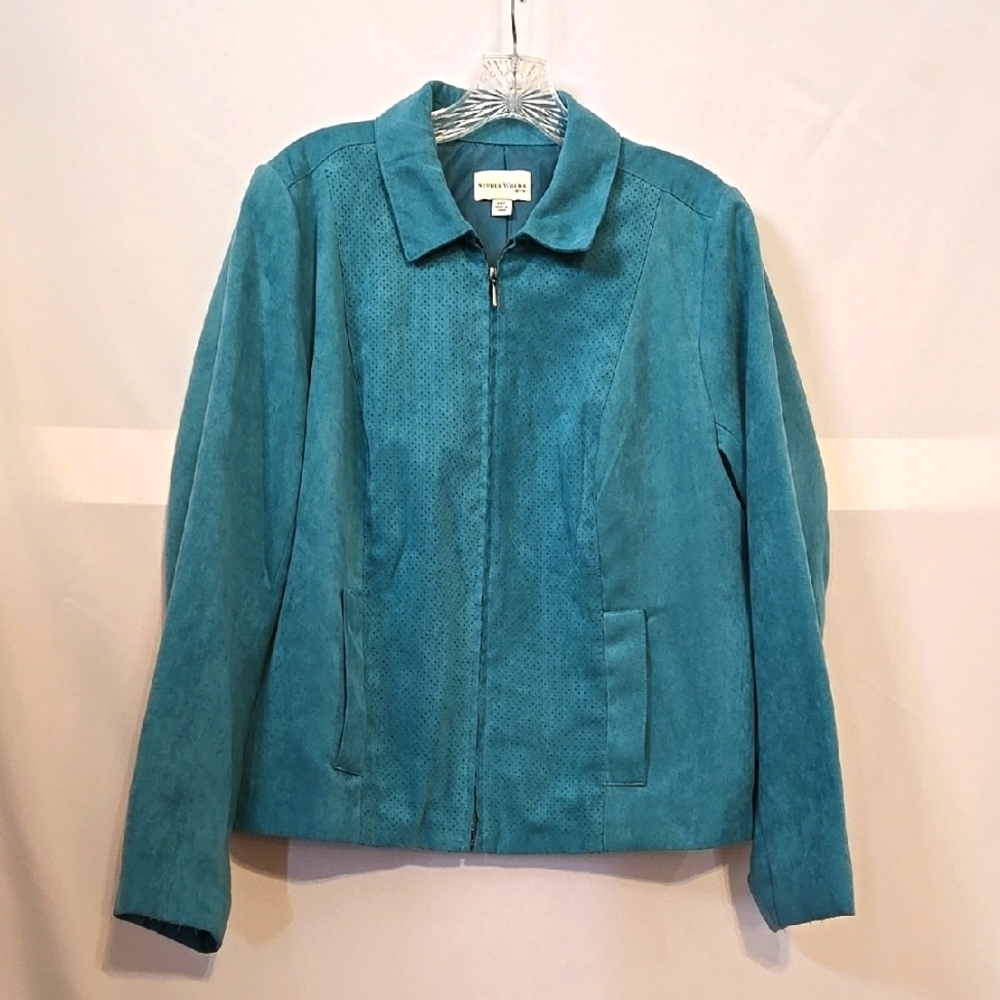 Studio Works, Full Front Zip, Teal, Turquoise, Jacket, Blazer, Front Pockets